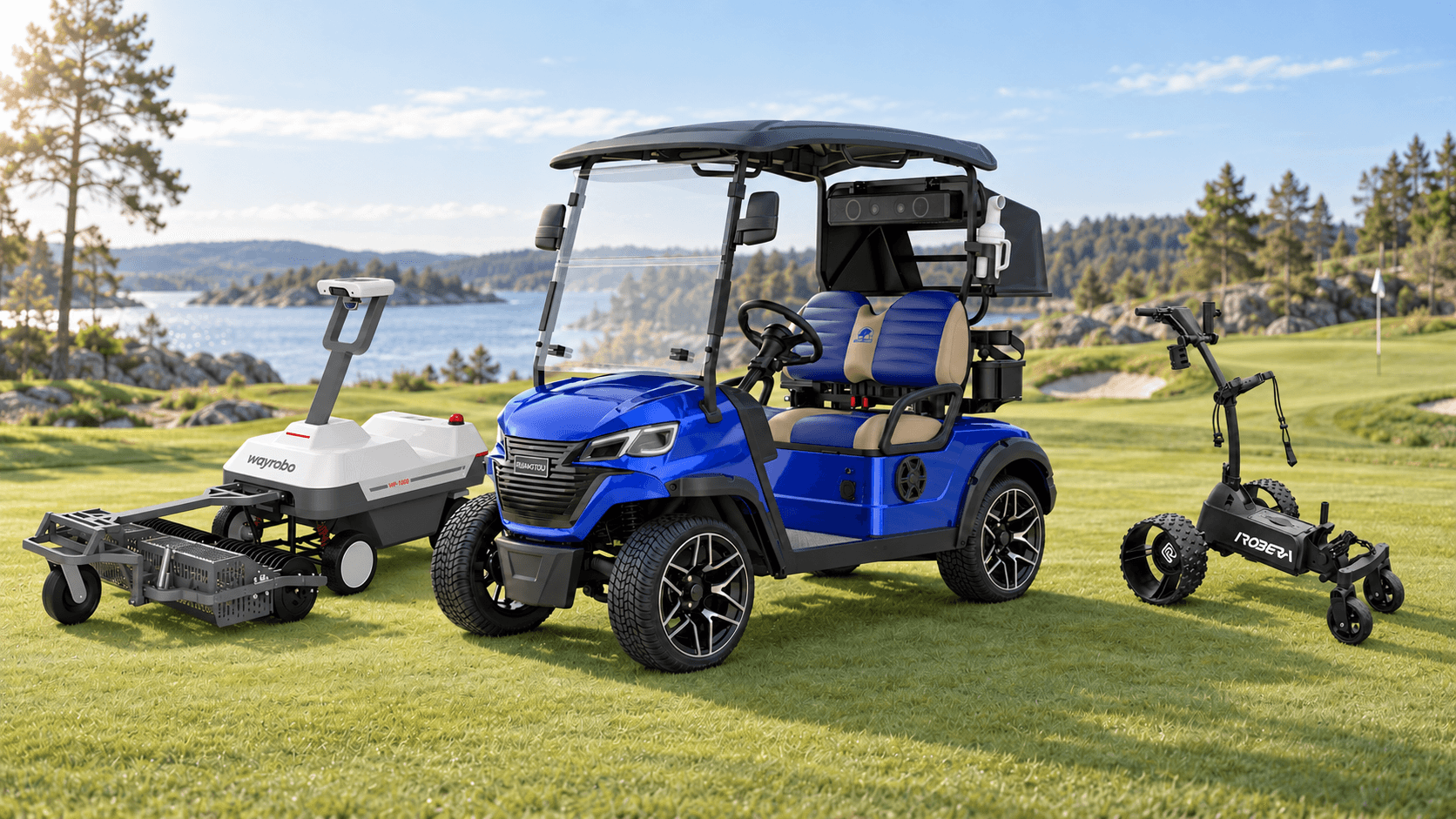 Blue electric golf car with an automatic ball picker and an AI golf trolley on a Nordic golf course by the water.