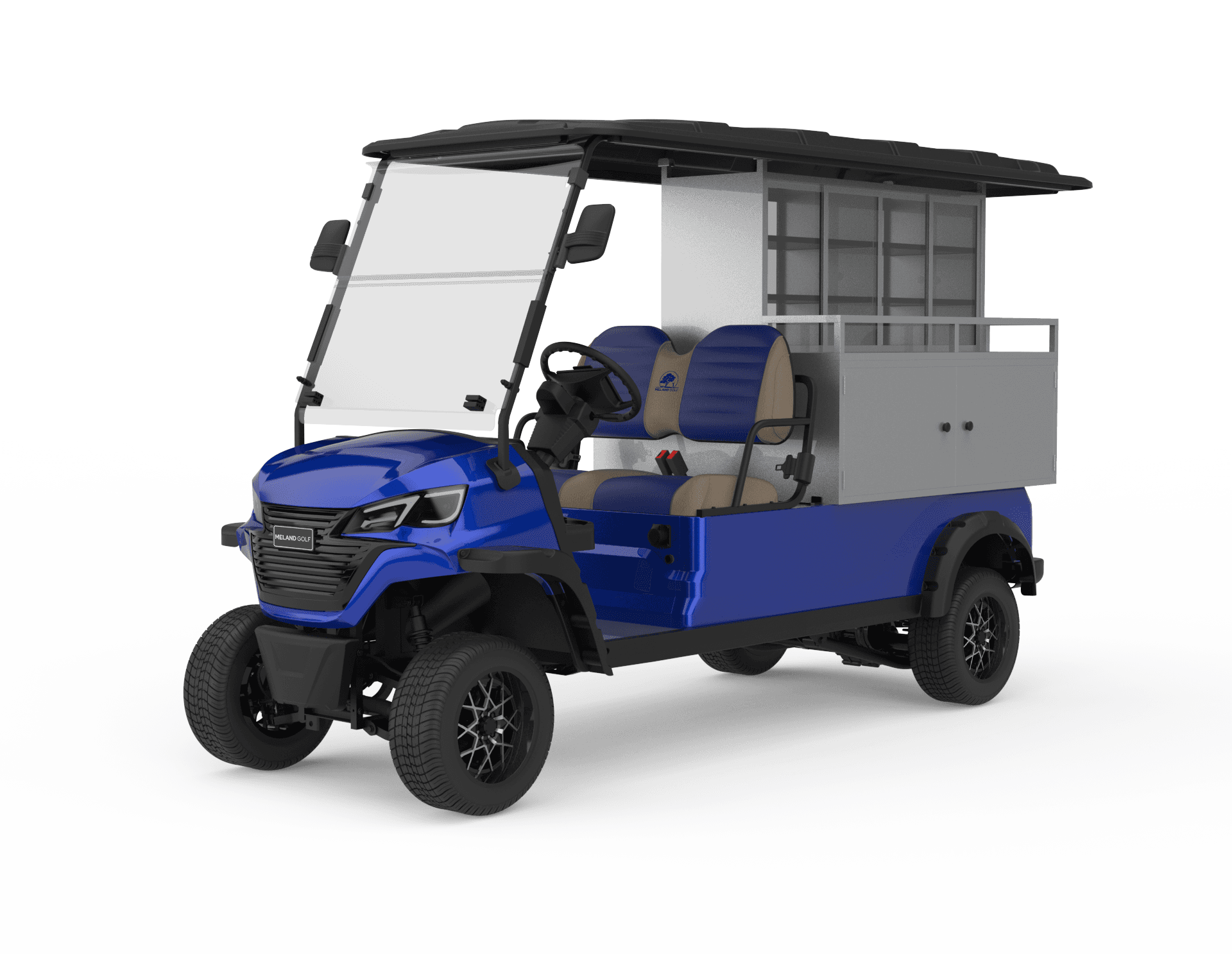 Blå buggybar sett forfra med barmodul i aluminium og låsbare skap