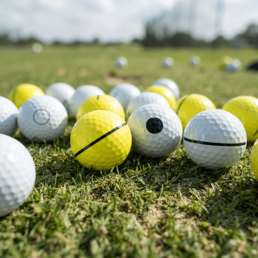 Slitesterke rangeballer i hvitt og gult med siktelinjer og logoalternativer for golfklubber