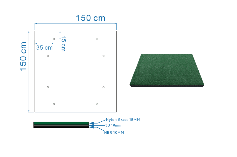 Technical drawing of a 150 × 150 cm range mat with nylon grass, a cushioning 3D suspension layer and an NBR rubber base.